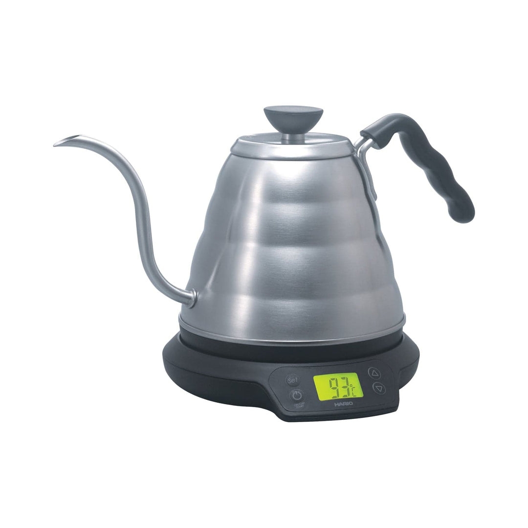 Stainless steel Hario Buono Gooseneck V60 Power Kettle with Temperature Adjustment with digital display on a white background