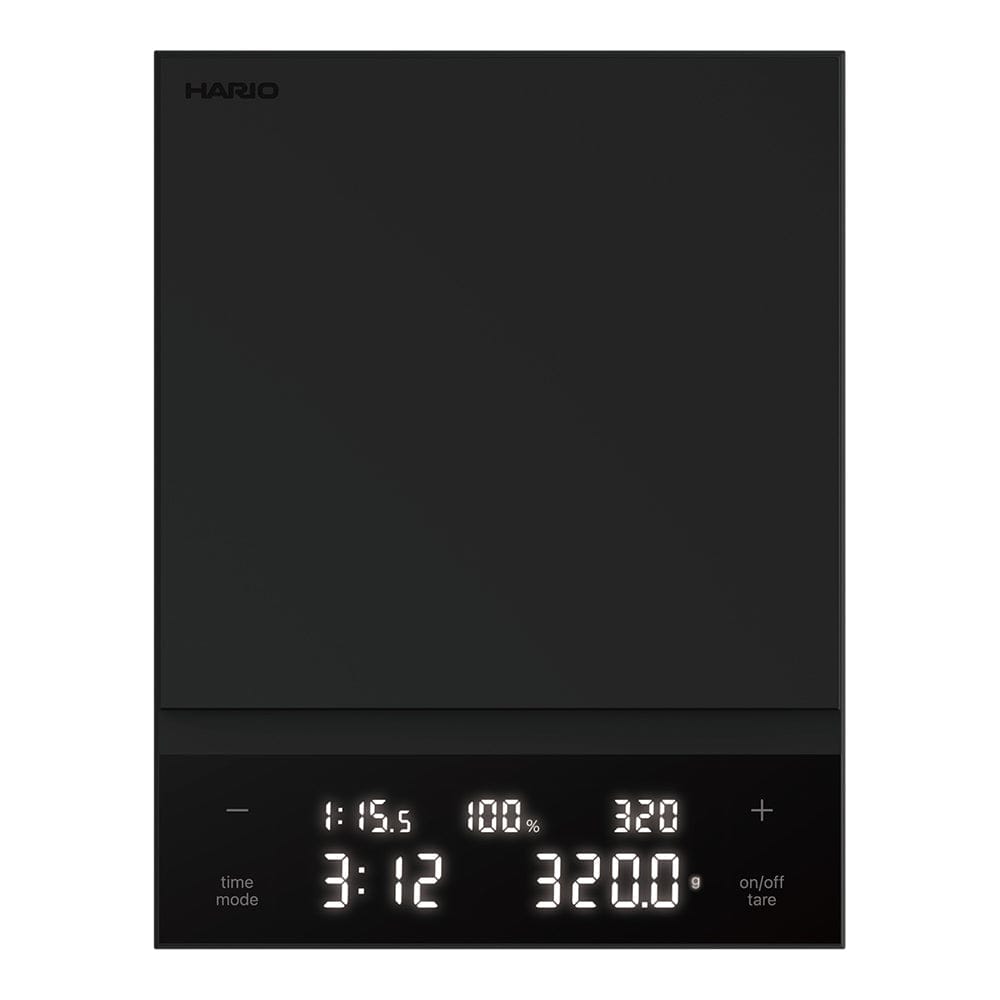 Hario Polaris Coffee Scale in Black with digital display on a white background