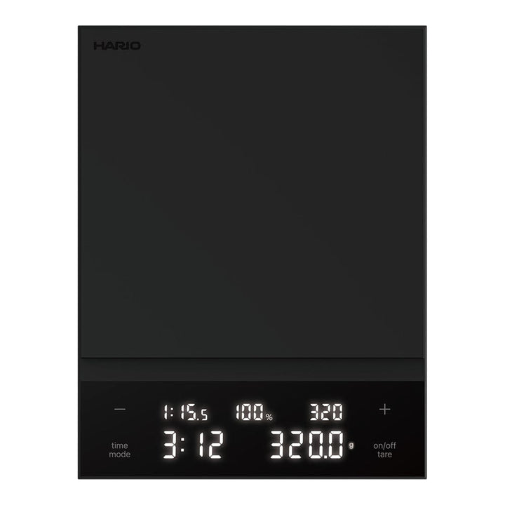 Hario Polaris Coffee Scale in Black with digital display on a white background
