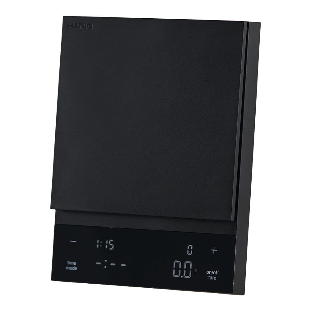 Hario Polaris Coffee Scale in Black with digital display on a white background