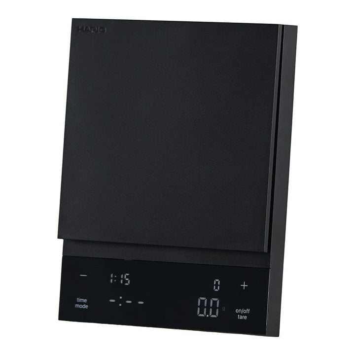 Hario Polaris Coffee Scale in Black with digital display on a white background