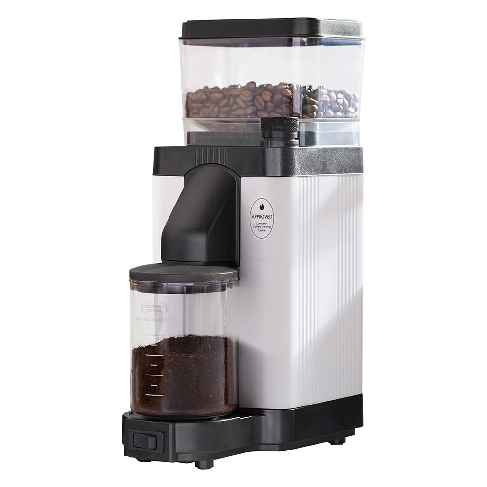 Moccamaster KM5 Burr Grinder in Matte White BY THE COFFEE BEAUTIFUL COFFEE COMPANY UK LONDON SURREY