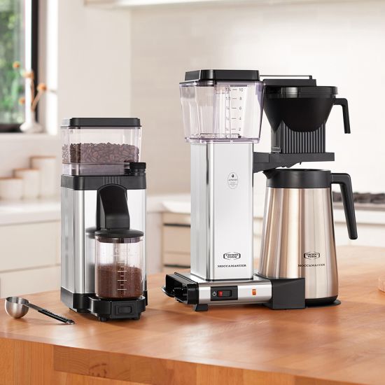 Moccamaster KM5 Burr Grinder in Polished Silver BY THE COFFEE BEAUTIFUL COFFEE COMPANY UK LONDON SURREY