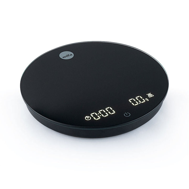 Black Wilfa Uniform Coffee and Kitchen Scale with digital display on a white background