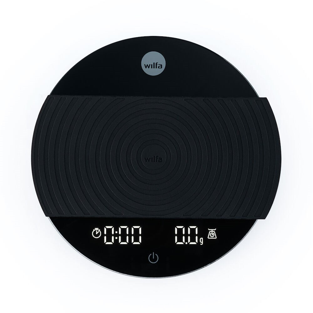 Black Wilfa Uniform Coffee and Kitchen Scale with digital display on a white background