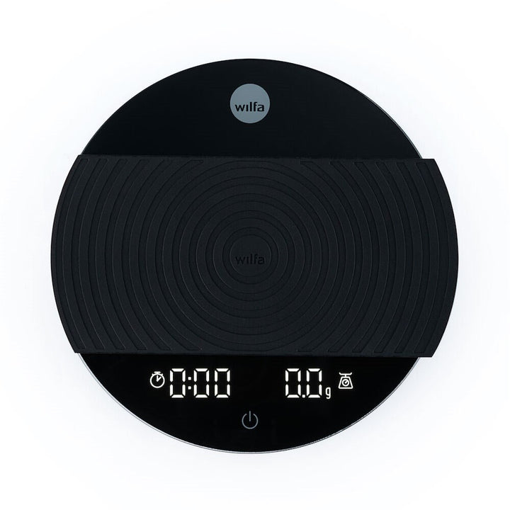 Black Wilfa Uniform Coffee and Kitchen Scale with digital display on a white background
