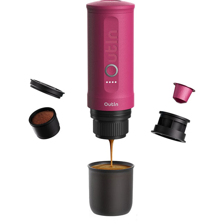 OutIn Nano Portable Espresso Coffee Machine in Fuchsia Pink with components on a white background