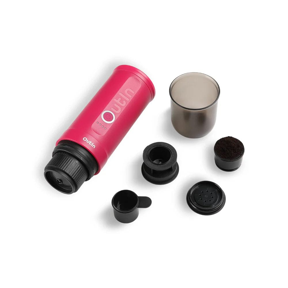 OutIn Nano Portable Espresso Coffee Machine in Fuchsia Pink with components on a white background