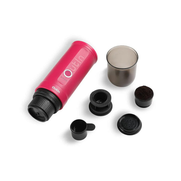 OutIn Nano Portable Espresso Coffee Machine in Fuchsia Pink with components on a white background