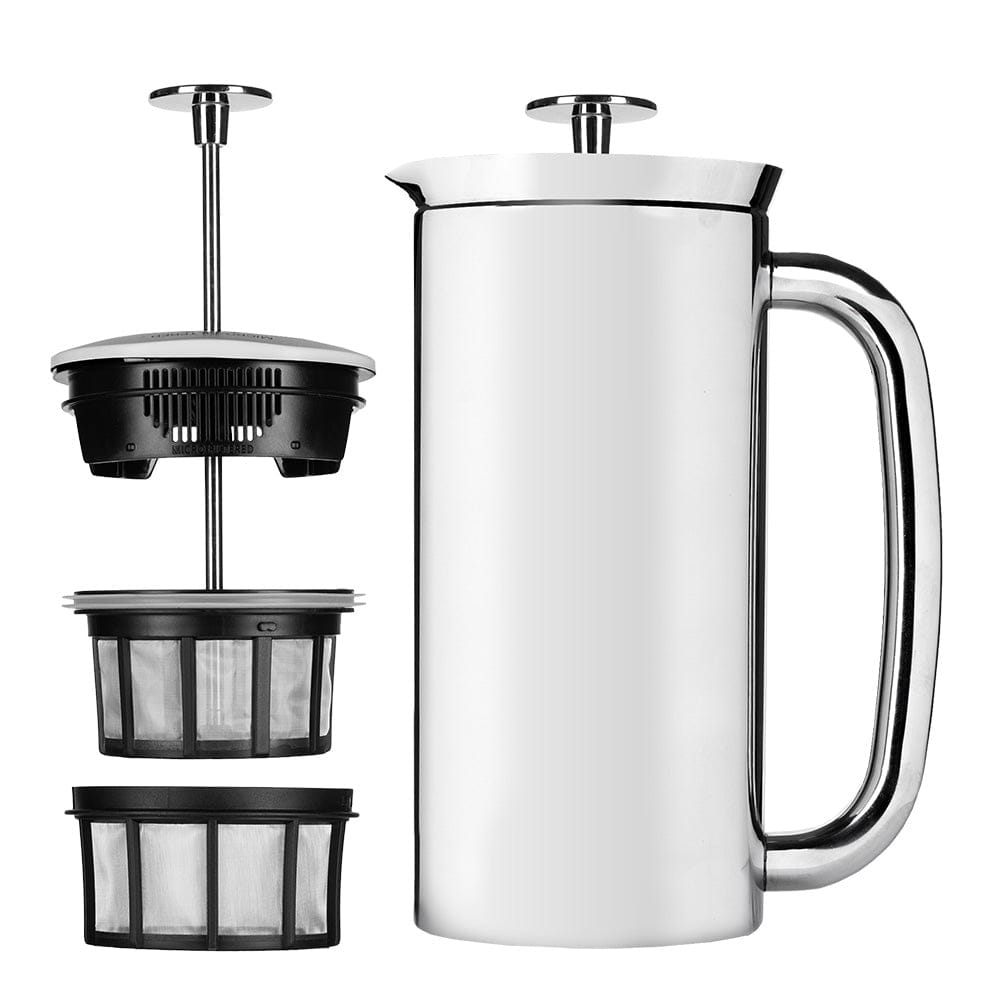 Polished ESPRO P7 French Press Coffee Maker - 32oz / 946ml with black filters system on a white background