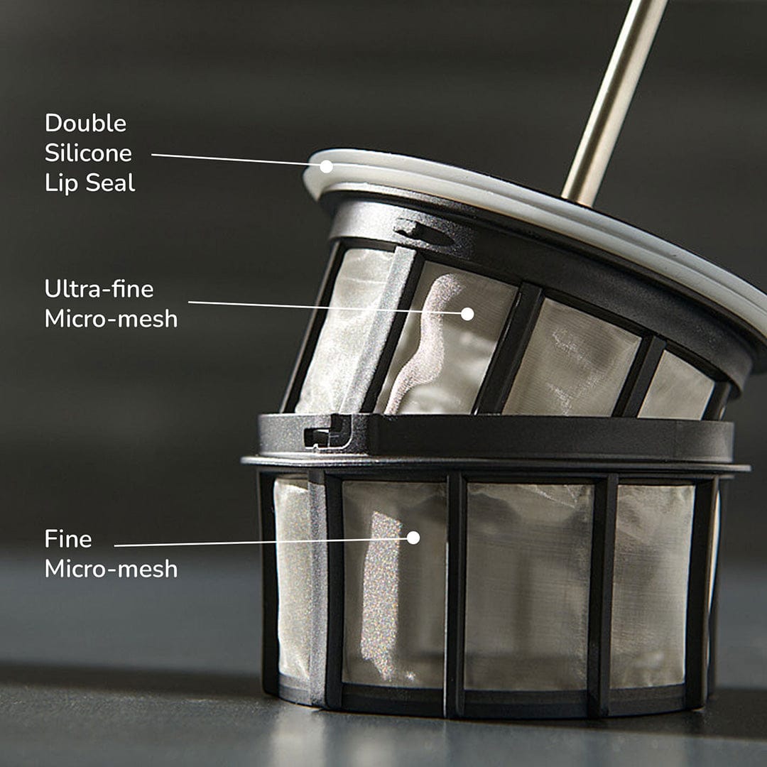 Polished ESPRO P7 French Press Coffee Maker Filter with labelled components on a dark background