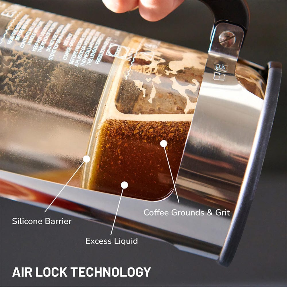 Close-up of an ESPRO P7 French Press Coffee Maker - 32oz / 946ml filter with labelled parts and text about air lock technology.