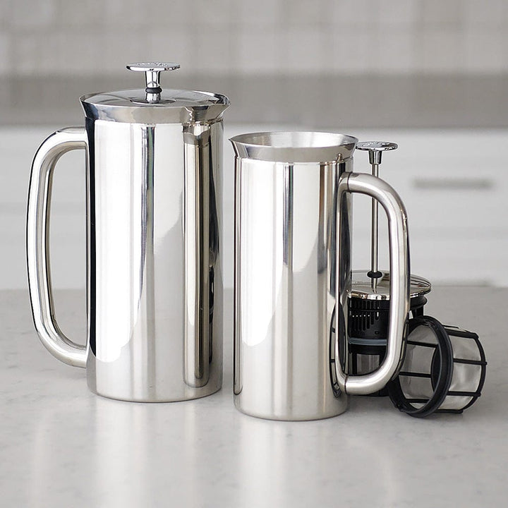 Two stainless steel Polished ESPRO P7 French Press Coffee Makers on a light surface with a neutral background