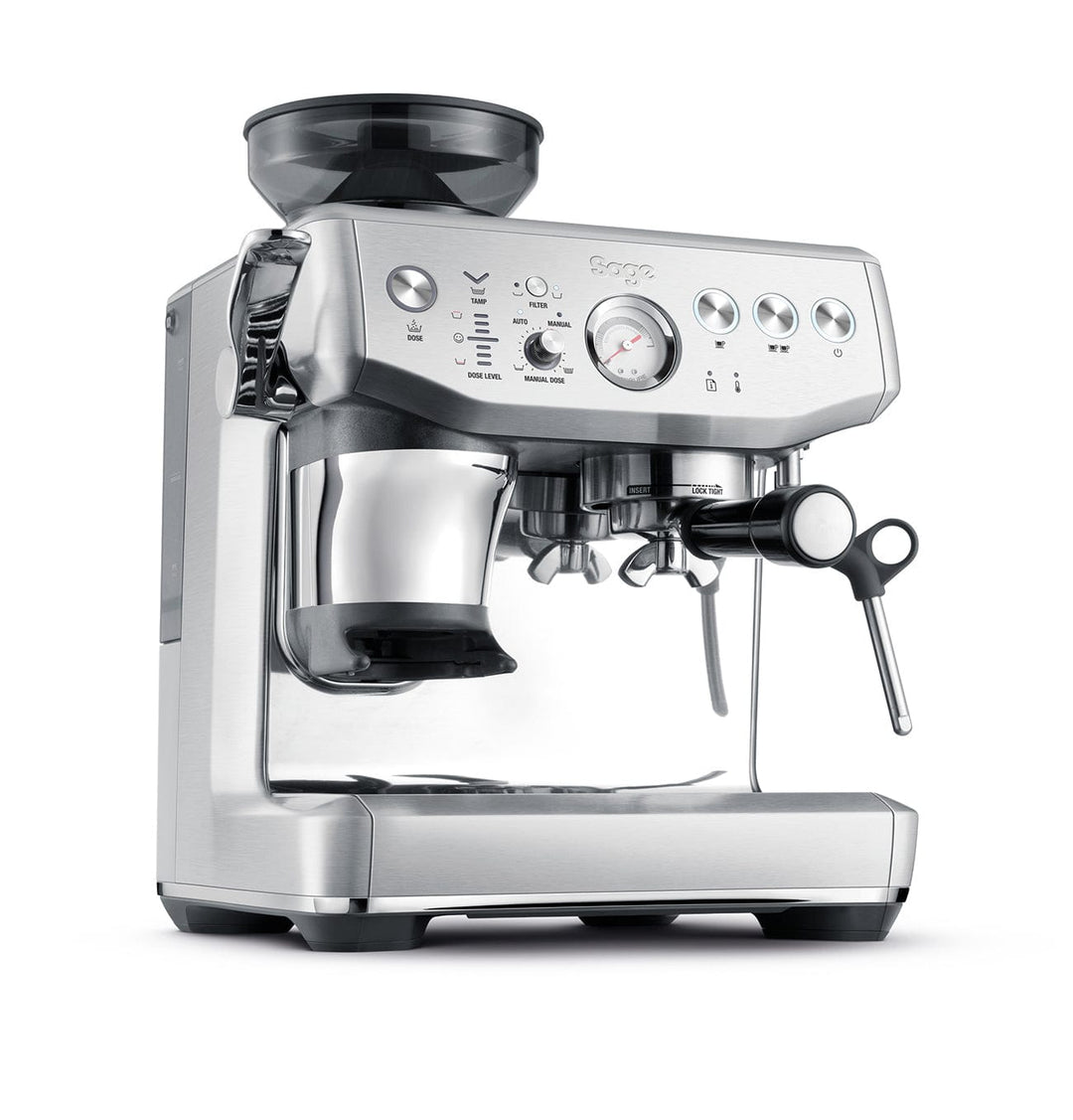 Stainless steel Sage Barista Express Impress Espresso Machine on a white background