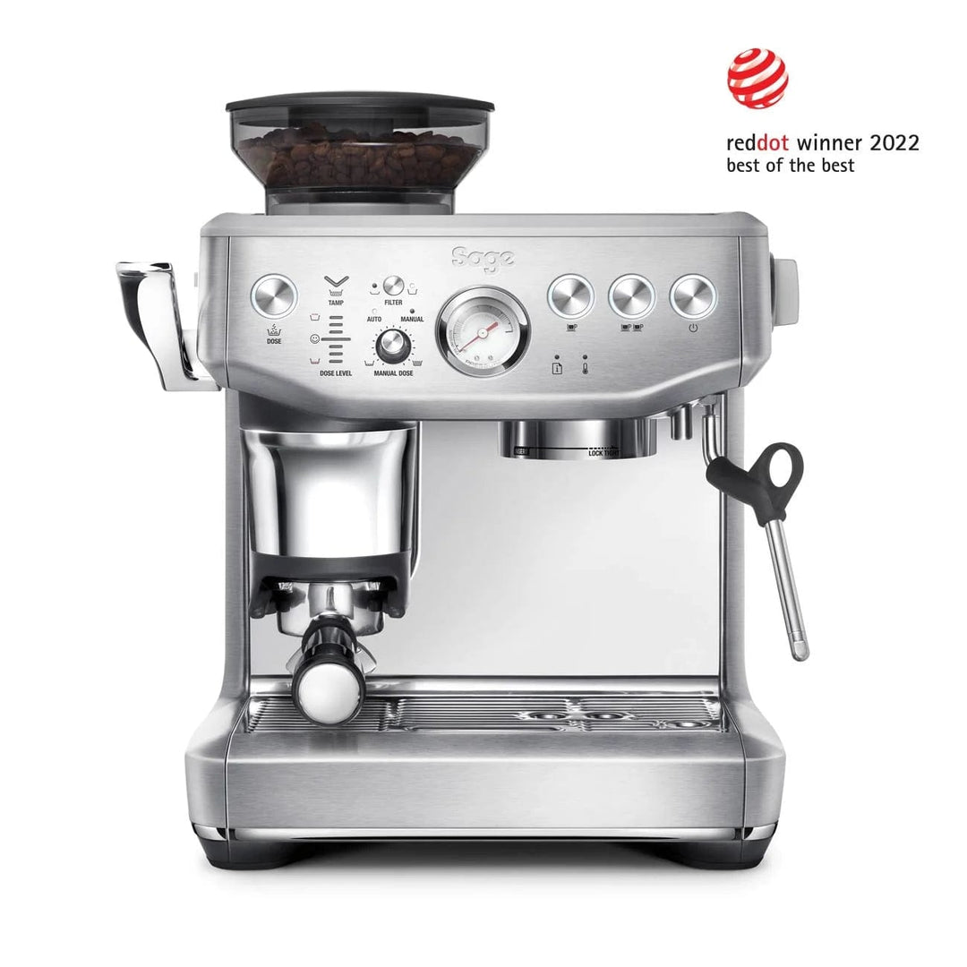 Stainless steel Sage Barista Express Impress Espresso Machine with a red and white logo on a white background