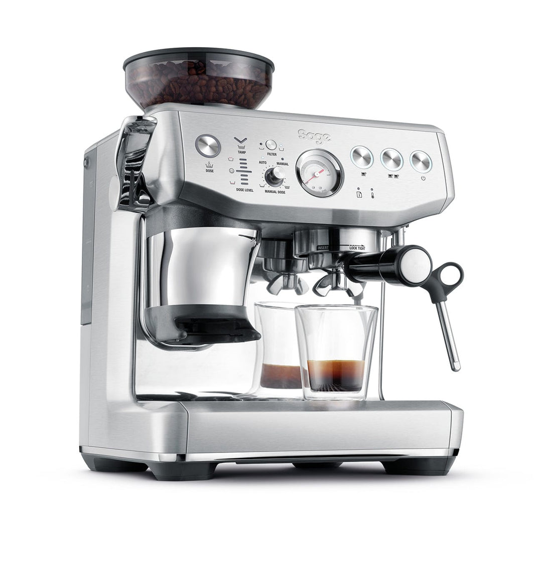 Stainless steel Sage Barista Express Impress Espresso Machine with two glasses of coffee on a white background