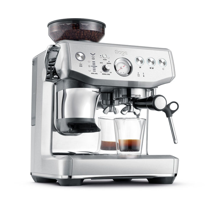 Stainless steel Sage Barista Express Impress Espresso Machine with two glasses of coffee on a white background
