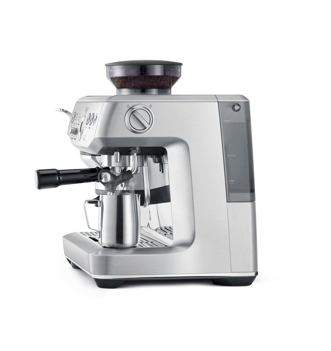 Stainless steel Sage Barista Express Impress Espresso Machine on a white background