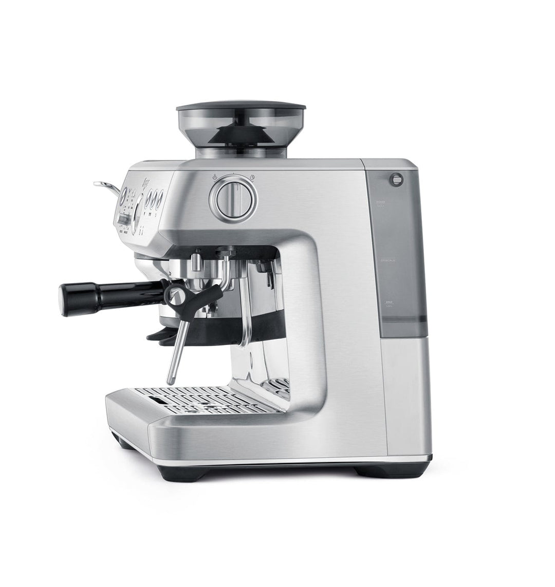 Stainless steel Sage Barista Express Impress Espresso Machine on a white background