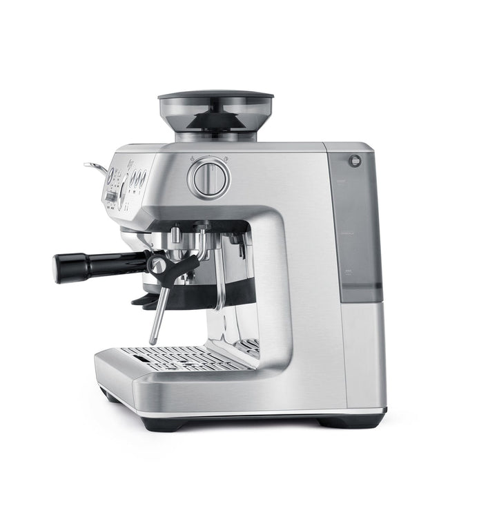 Stainless steel Sage Barista Express Impress Espresso Machine on a white background