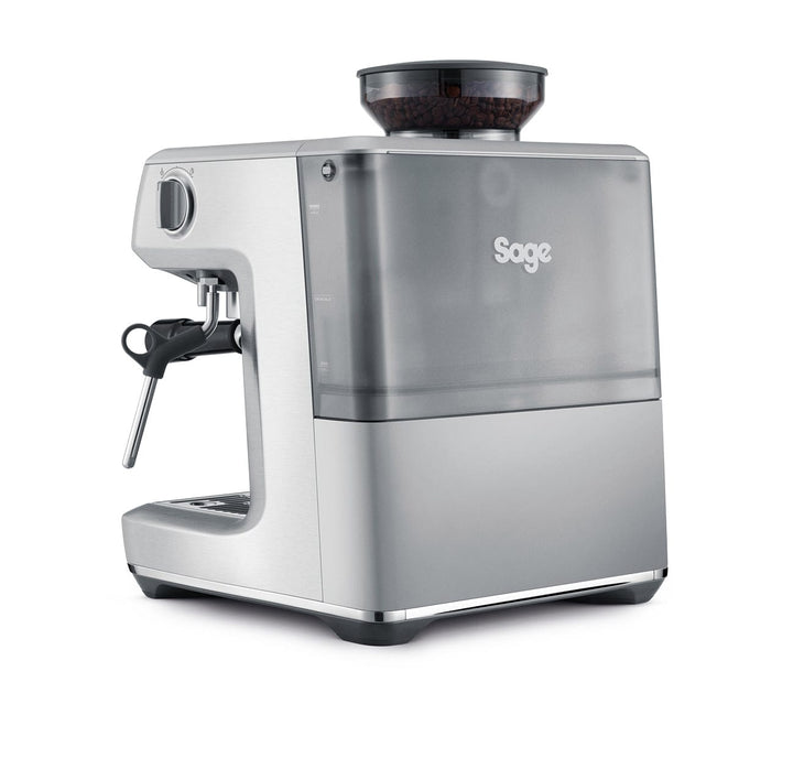 Stainless steel Sage Barista Express Impress Espresso Machine on a white background