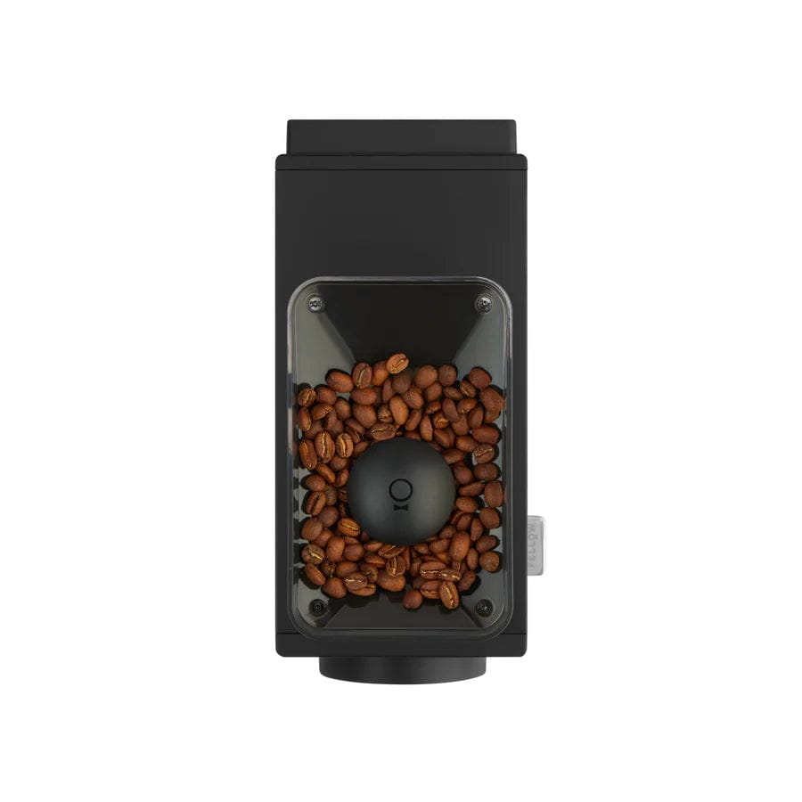 Black Fellow Ode Gen 2 Electric Coffee Grinder with coffee beans on a white background