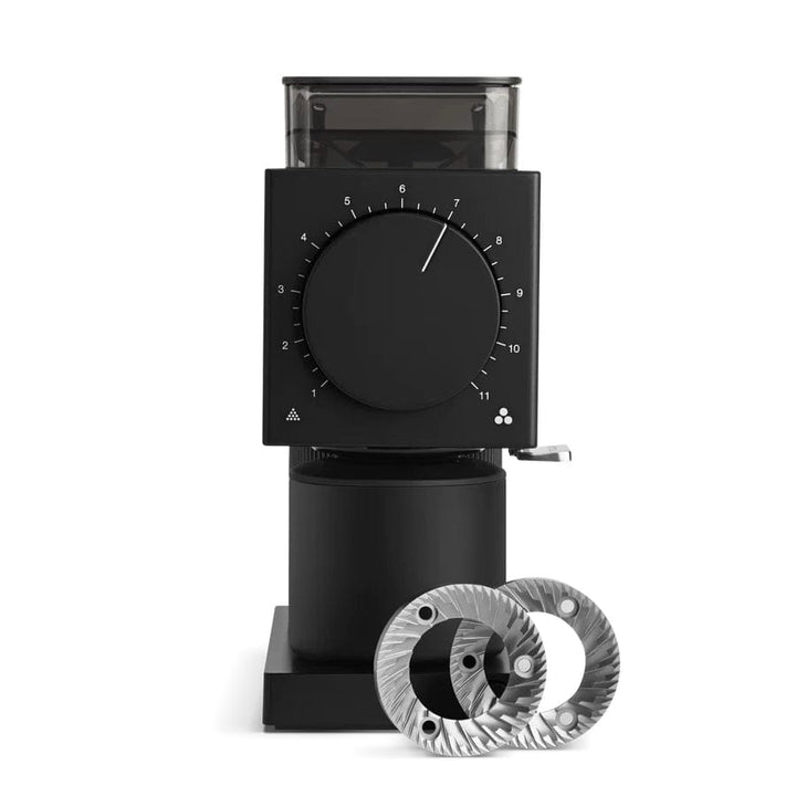 Black Fellow Ode Gen 2 Electric Coffee Grinder with two metal burrs on a white background