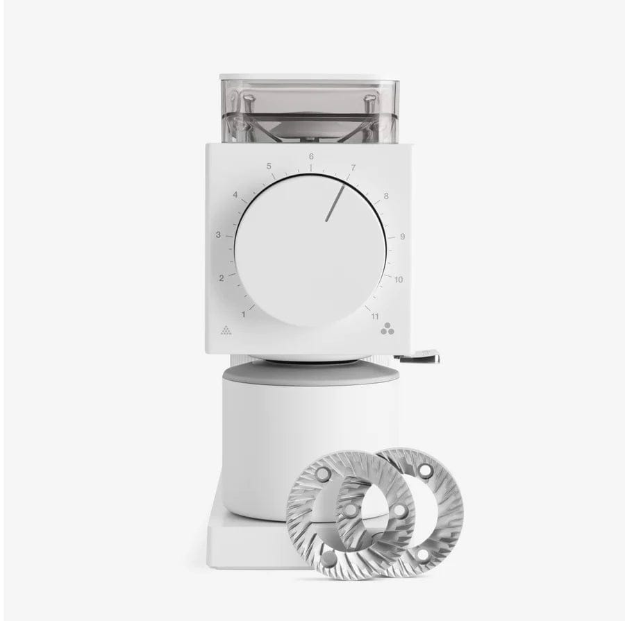 White Fellow Ode Gen 2 Electric Coffee Grinder with a clear top and metal grinder attachment on a white background