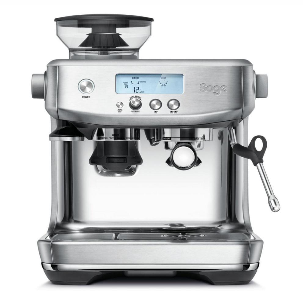 The Sage Barista Pro Espresso Machine in Stainless Steel with a digital display on a white background