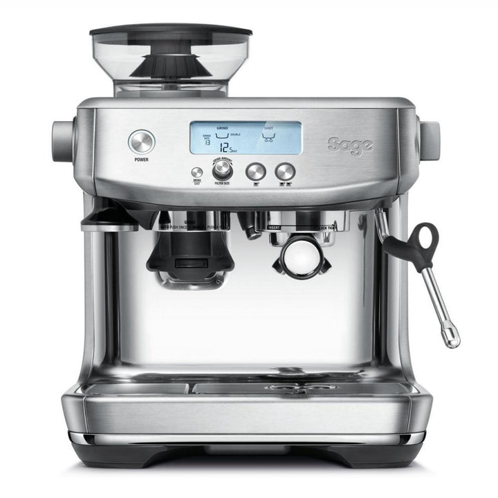 The Sage Barista Pro Espresso Machine in Stainless Steel with a digital display on a white background