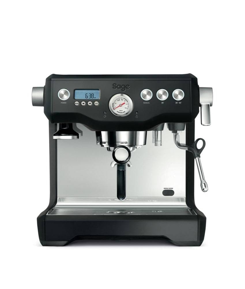 The Sage Dual Boiler Black Truffle Espresso Coffee Machine with a black and silver design on a white background
