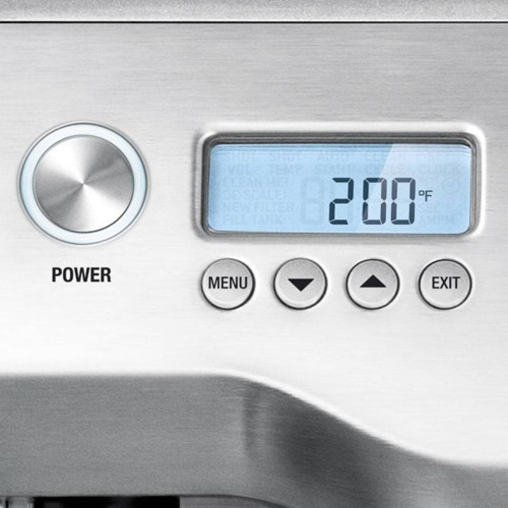 The Sage Dual Boiler Black Truffle Espresso Coffee Machine Digital temperature control panel with power button and digital display showing 200°F.