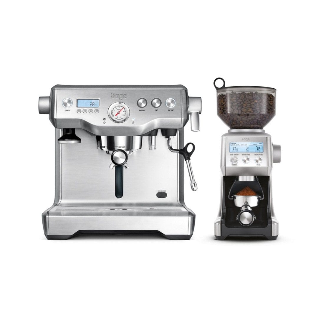 The Sage Dynamic Duo Espresso Machine and Coffee Grinder on a white background
