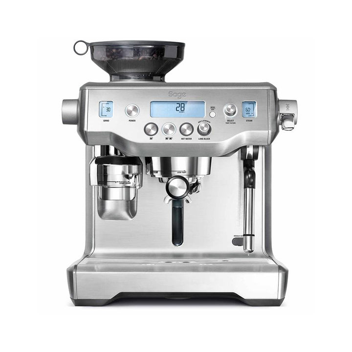 The Sage Oracle Espresso Machine in Brushed Stainless Steel with a digital display on a white background