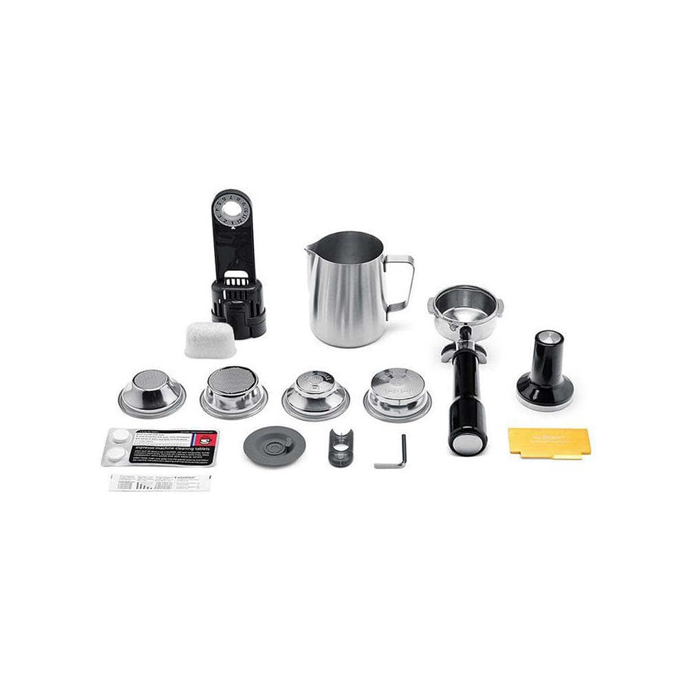Collection of the Stainless Steel Sage Dual Boiler Espresso Coffee Machine brewing equipment on a white background