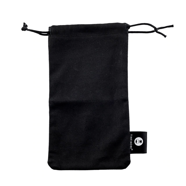 Black drawstring pouch for the Timemore Chestnut C2 Manual Fold Coffee Grinder in White with a brand label on a white background