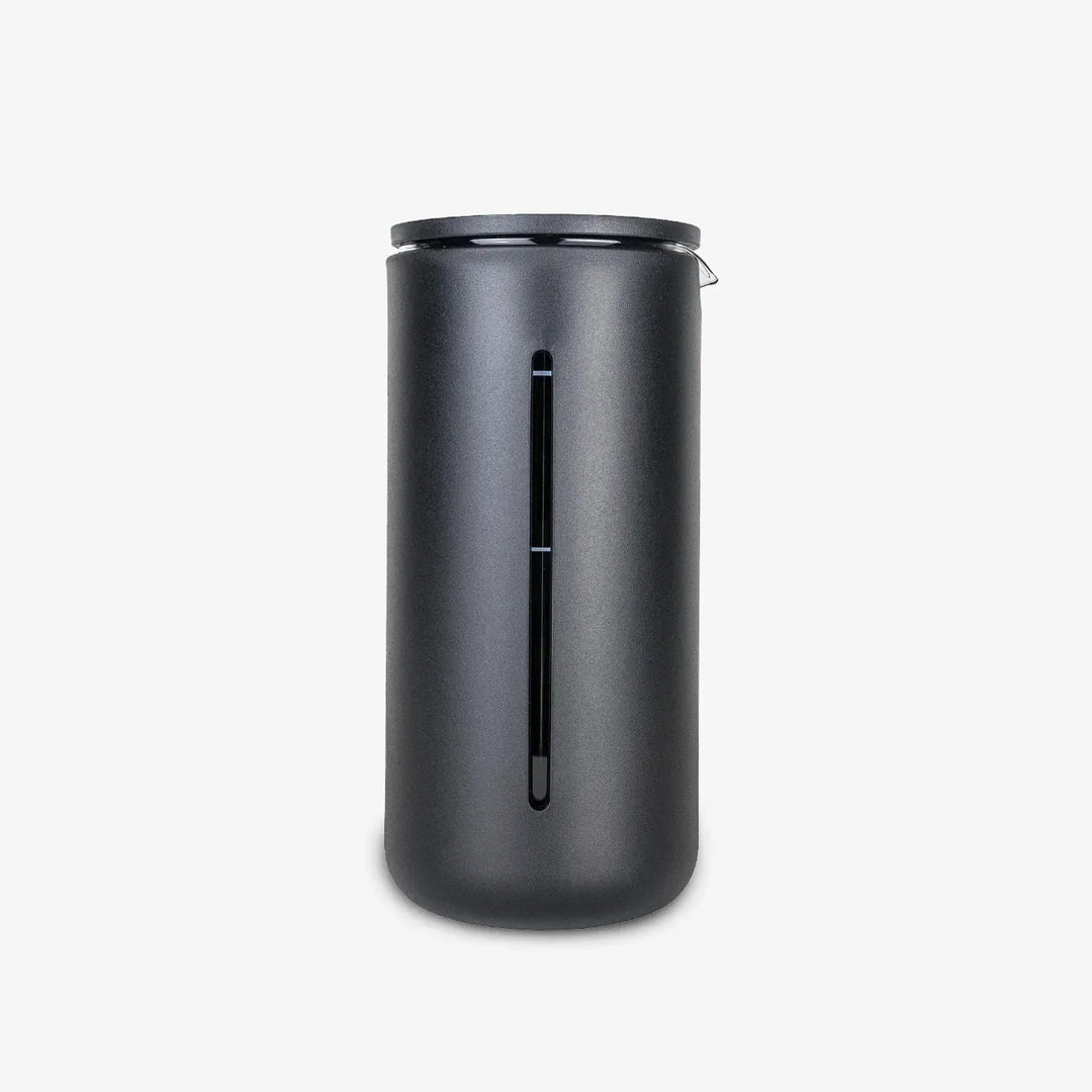 Timemore U French Press in black, front view showing the brew-level window