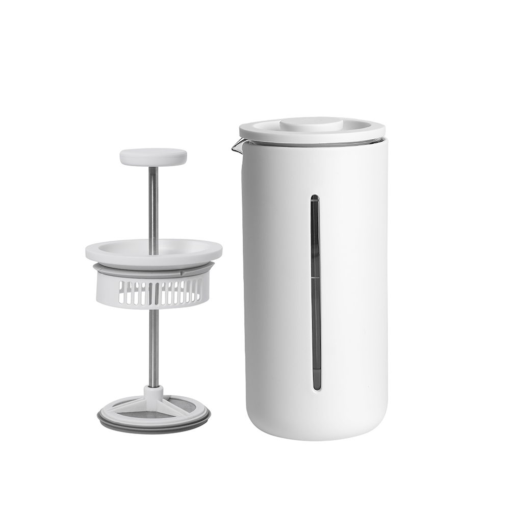 Timemore U French Press white with the plunger and filter assembly beside it