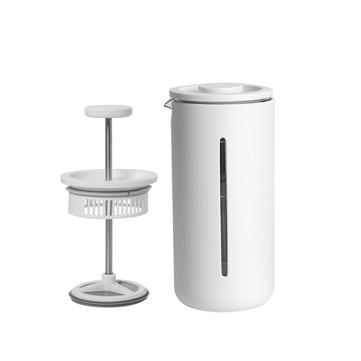 Timemore U French Press white with the plunger and filter assembly beside it