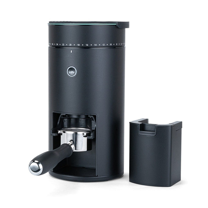 Wilfa Uniform Evo Electric Coffee Grinder with a silver handle on a white background