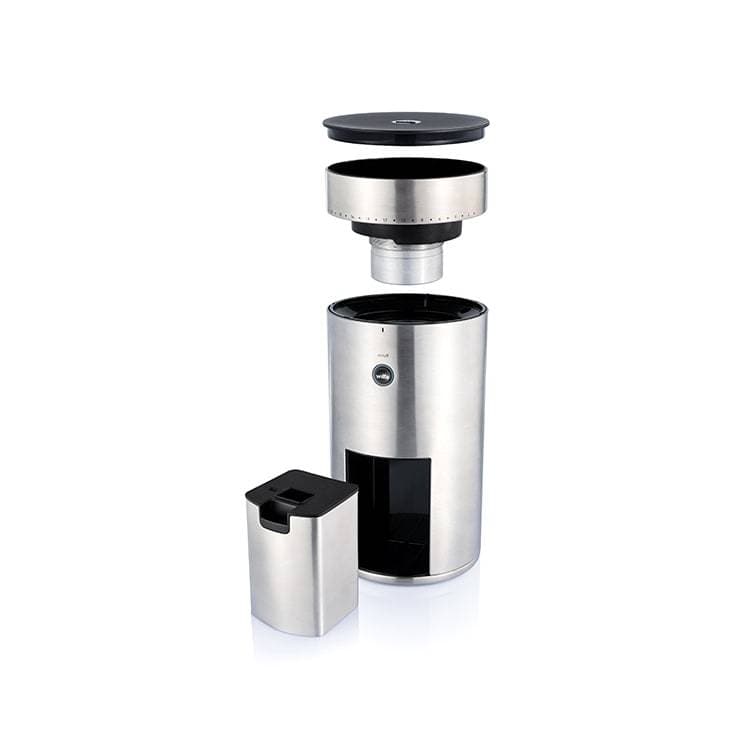 Wilfa Uniform Stainless steel coffee grinder with attachments on a white background