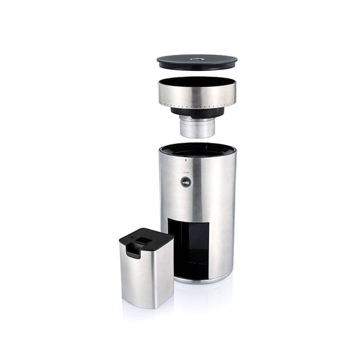 Wilfa Uniform Stainless steel coffee grinder with attachments on a white background