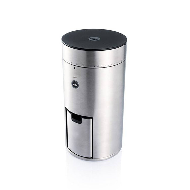 Wilfa Uniform Stainless steel coffee grinder with black top on a white background